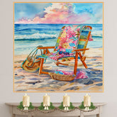 Watercolor Painting of Patterned Beach Chair with Towels Sunglasses and Bags on Shoreline at Sunset with Ocean Waves on Ready to Hang 1.5" Thick Canvas Wrap, Floating Framed Canvas, Flat Rolled Canvas